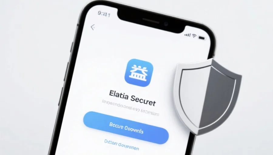 一部现代智能手机屏幕上显示新航应用的安全下载界面，旁边有安全盾牌图标，背景简洁