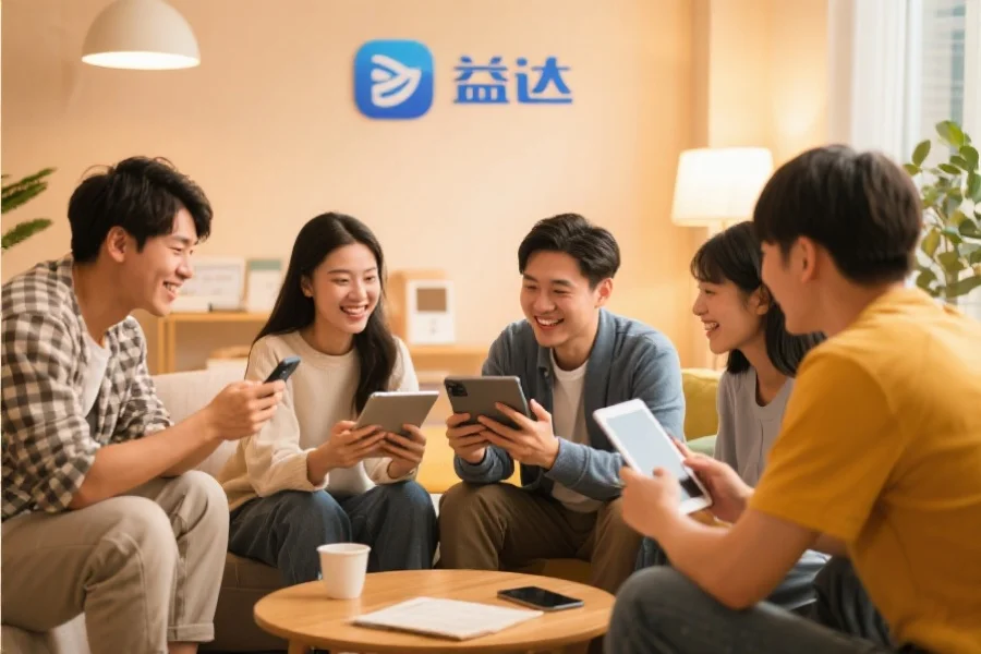 一群年轻用户围坐在一起，使用平板和手机愉快地交流，背景温馨现代，象征新航应用的社区活跃氛围